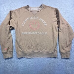 American Eagle Womens Crewneck Sweatshirt Size S Happiest Here Smiley Face Beige